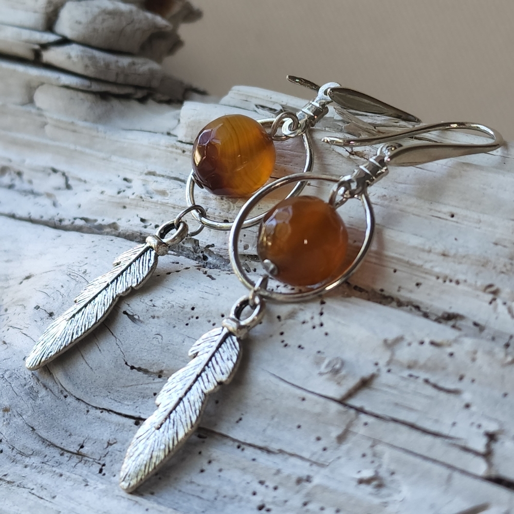 Silver-plated Beautiful Earrings Feather Boho style Natural Agate